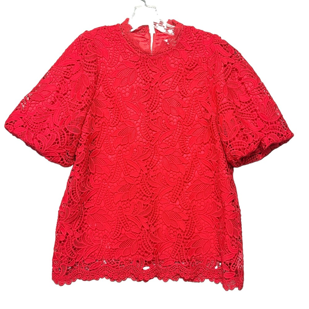 JADE by Melody Tam Red Floral Lace Blouse Womens S Bell Sleeve Lined Holiday Top